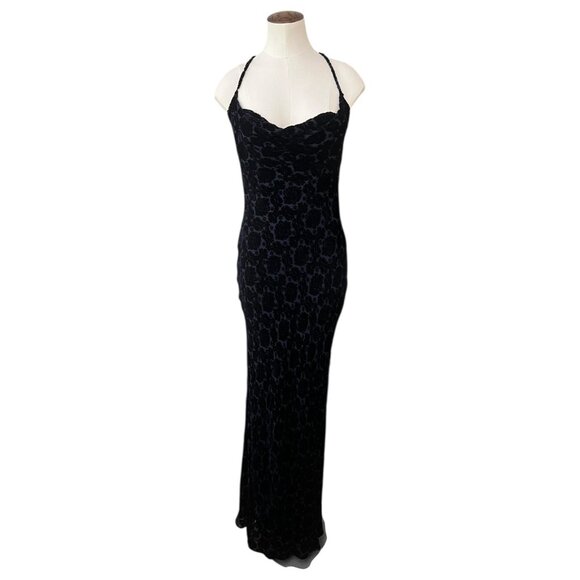 Vintage Velvet Burnout Slinky Cowl Maxi Gown Navy 4 Witchy Whimsygoth Vampire - Picture 3 of 14